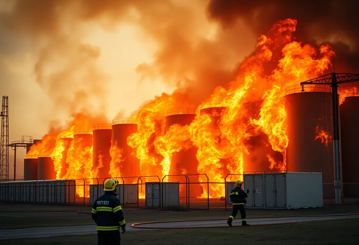 Emergency responders battling a fire at a battery storage facility