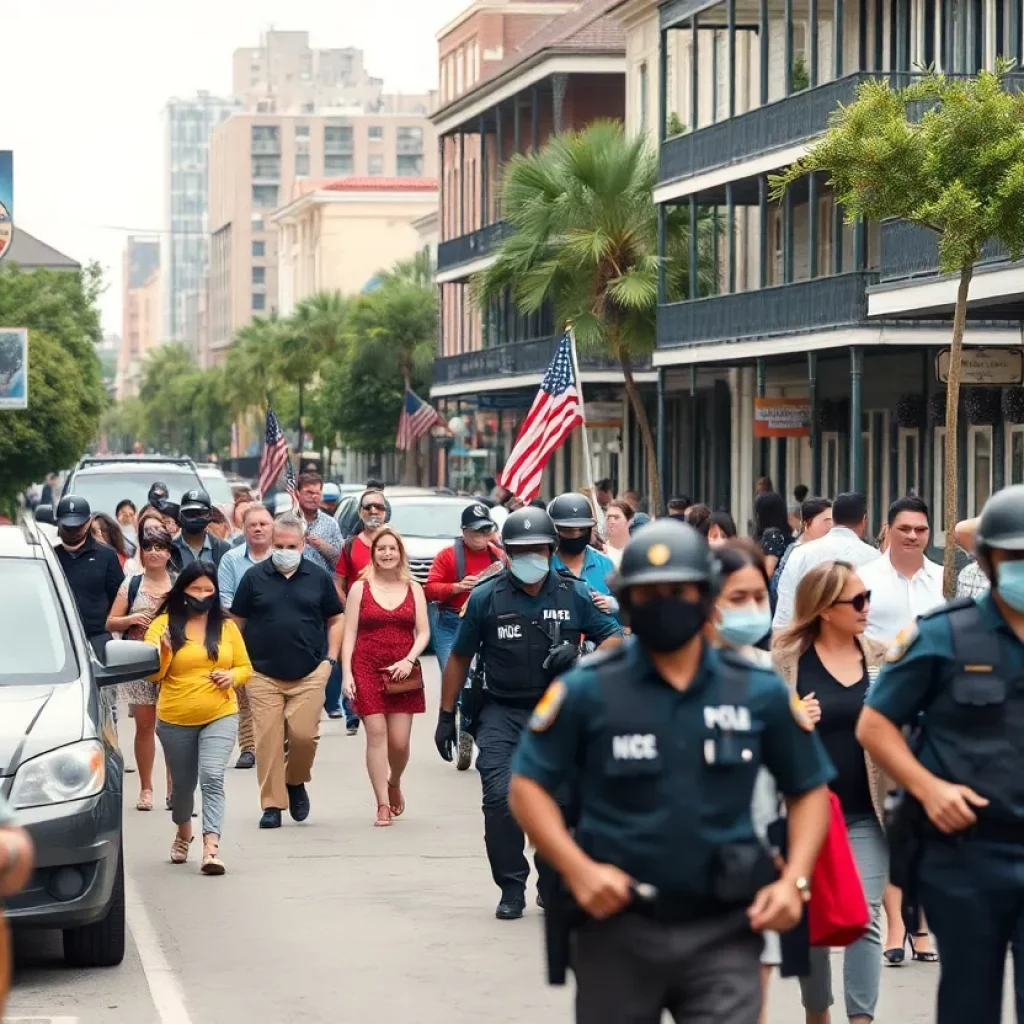 Vibrant street view of New Orleans with security presence