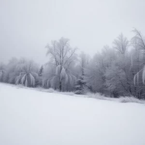 A snowy and icy landscape illustrating the effects of a polar vortex.