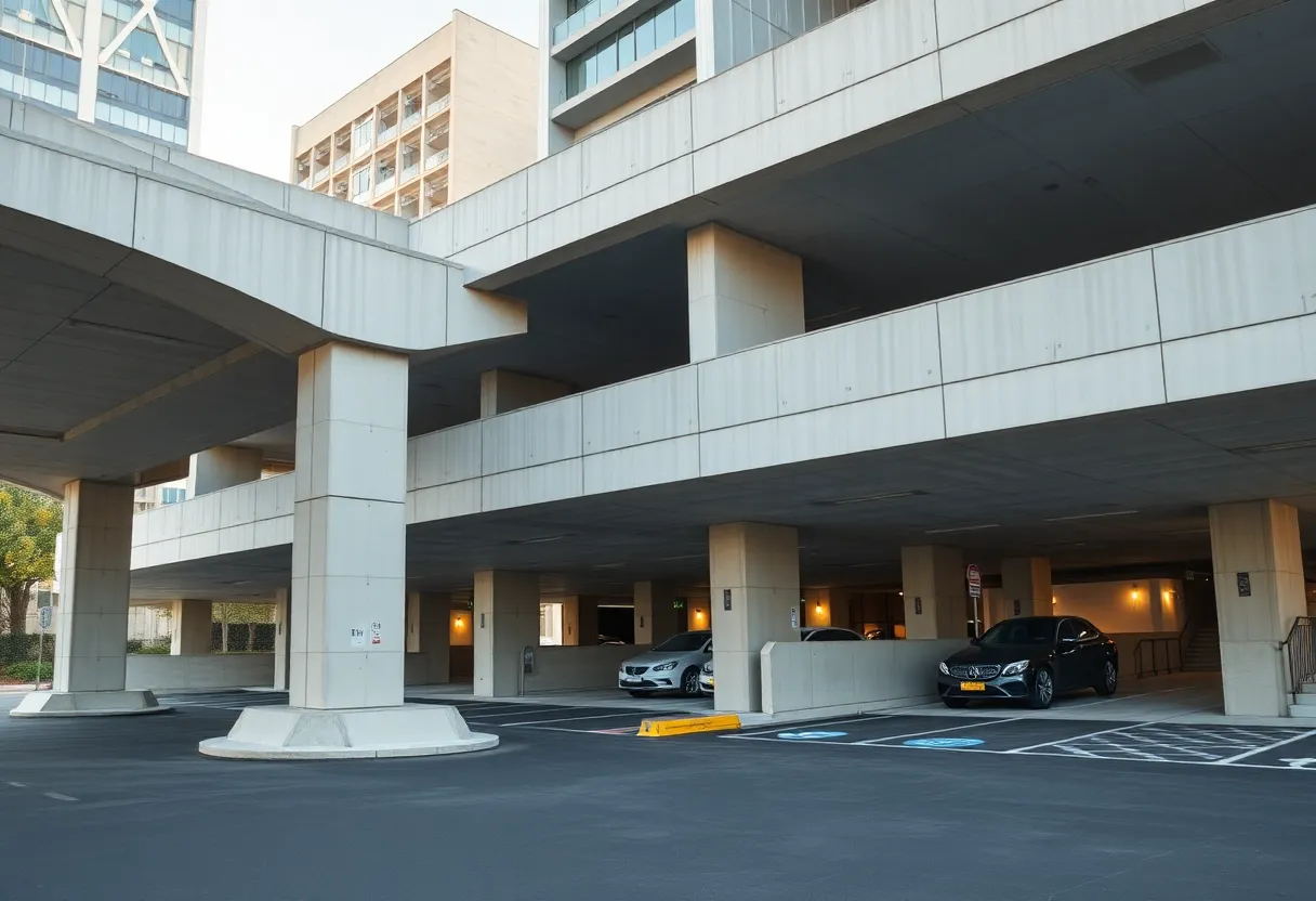 Sleek design of a precast concrete parking garage in an urban setting