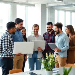 Team of digital marketers from Publicis Media and Dysrupt collaborating in a modern office setting.