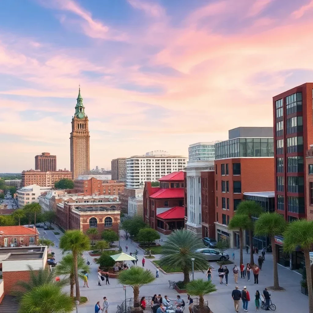 A view of a diverse community in South Carolina with modern buildings and people engaged in outdoor activities.