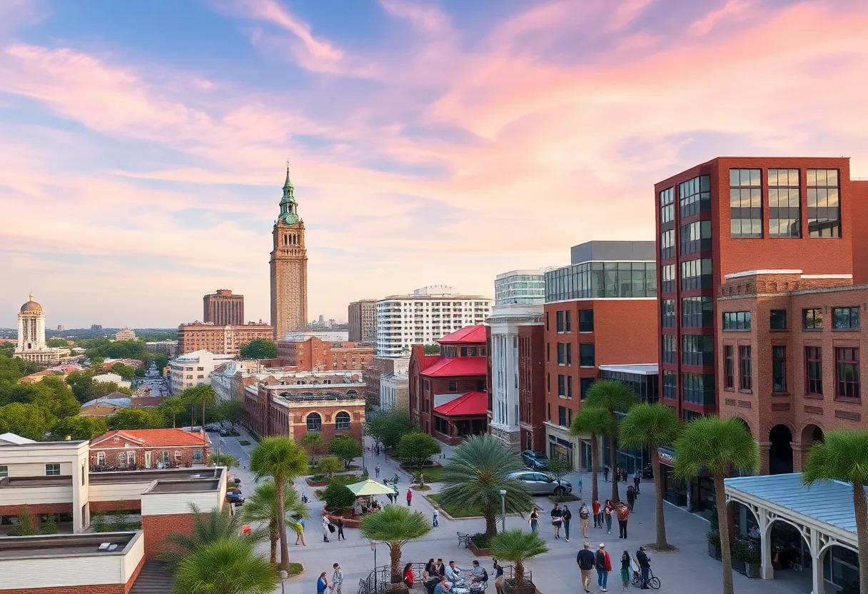 A view of a diverse community in South Carolina with modern buildings and people engaged in outdoor activities.