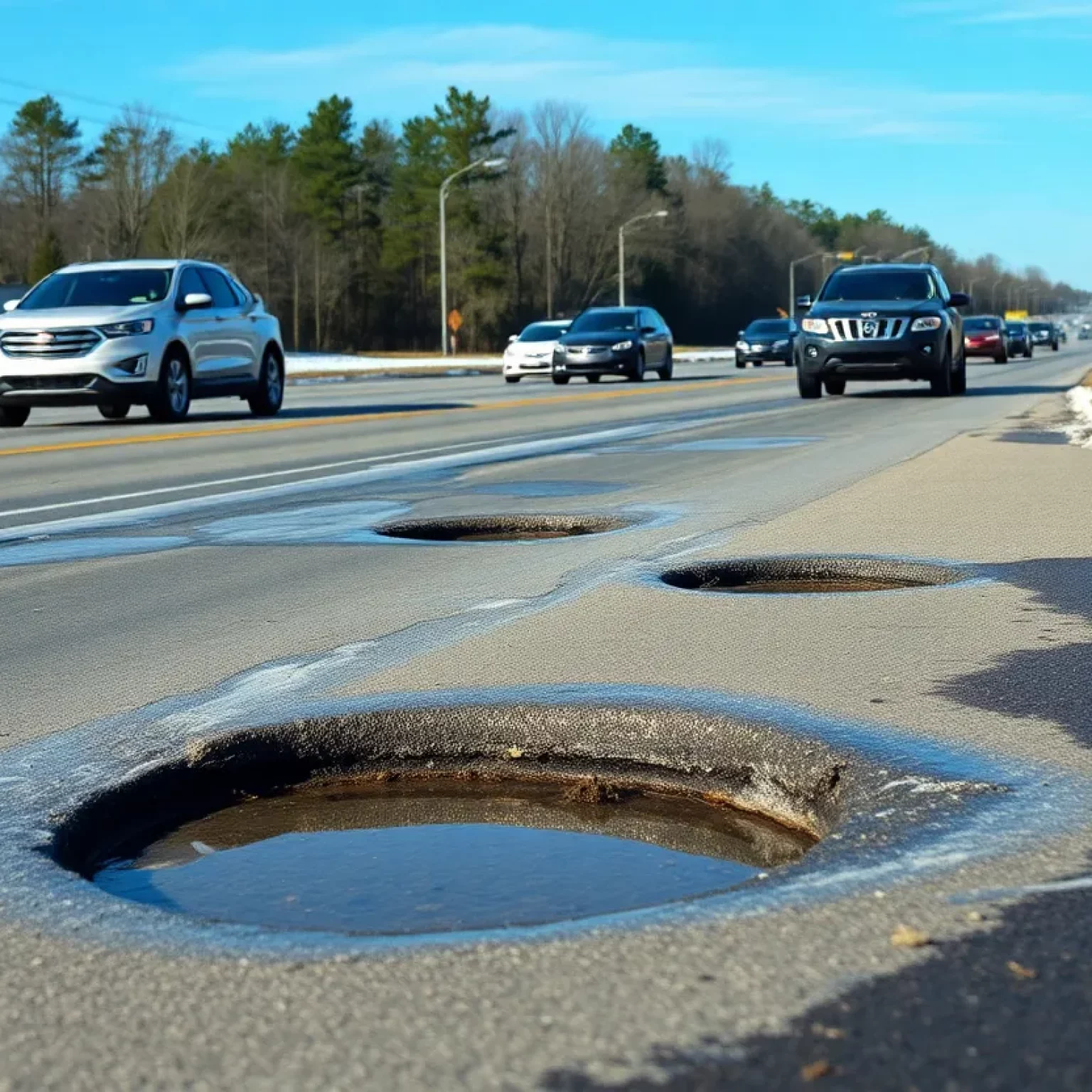 Road in South Carolina showing potholes after snow and ice melting