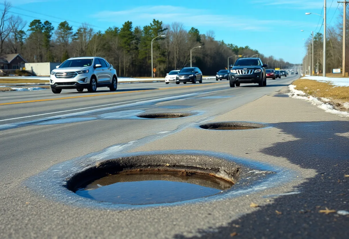 Road in South Carolina showing potholes after snow and ice melting