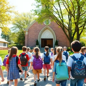 Students walking towards a church for Bible classes during school time.