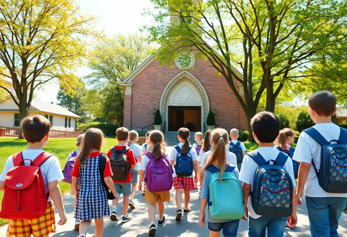 Students walking towards a church for Bible classes during school time.