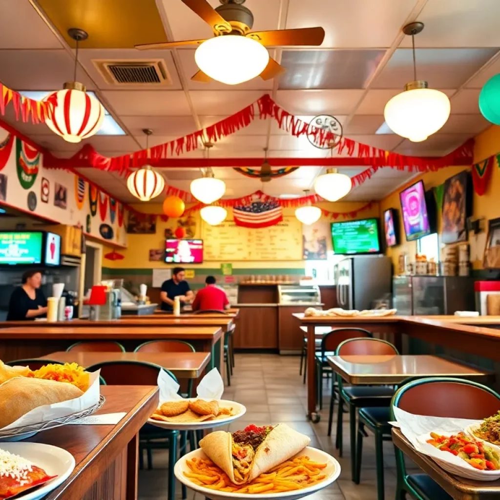 Interior of Surcheros Fresh Mex restaurant with colorful decor