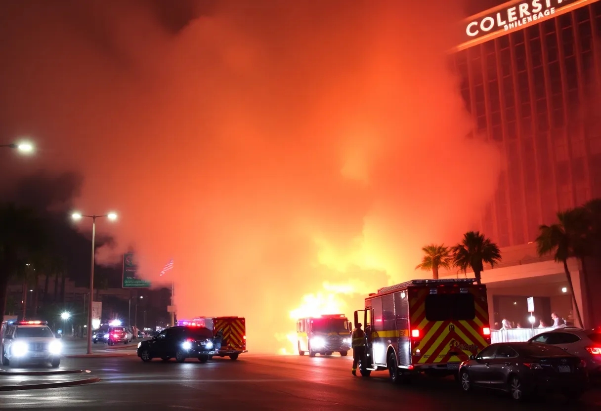 Smoke rising from the explosion of a Tesla Cybertruck near a hotel.