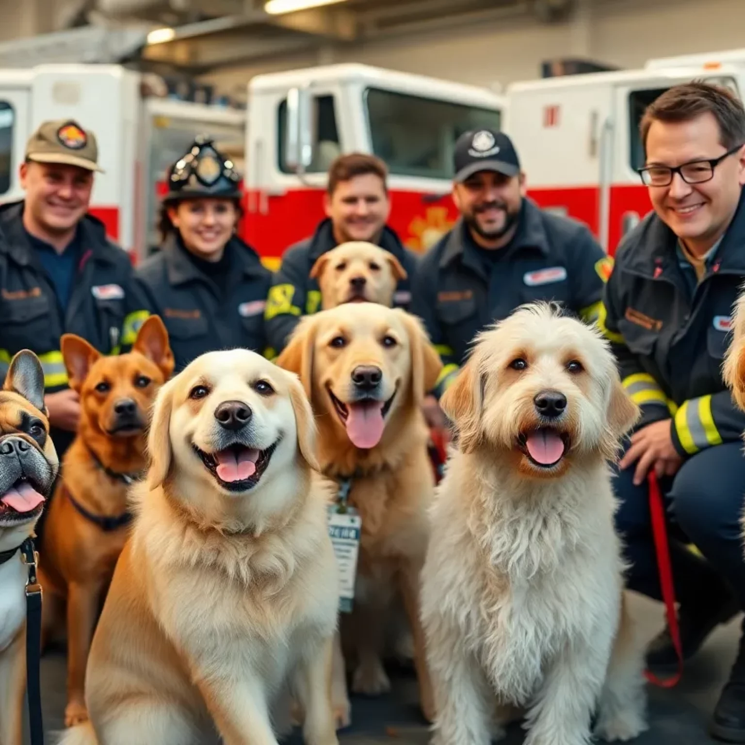 Firefighters interacting with therapy dogs in Beaufort-Port Royal