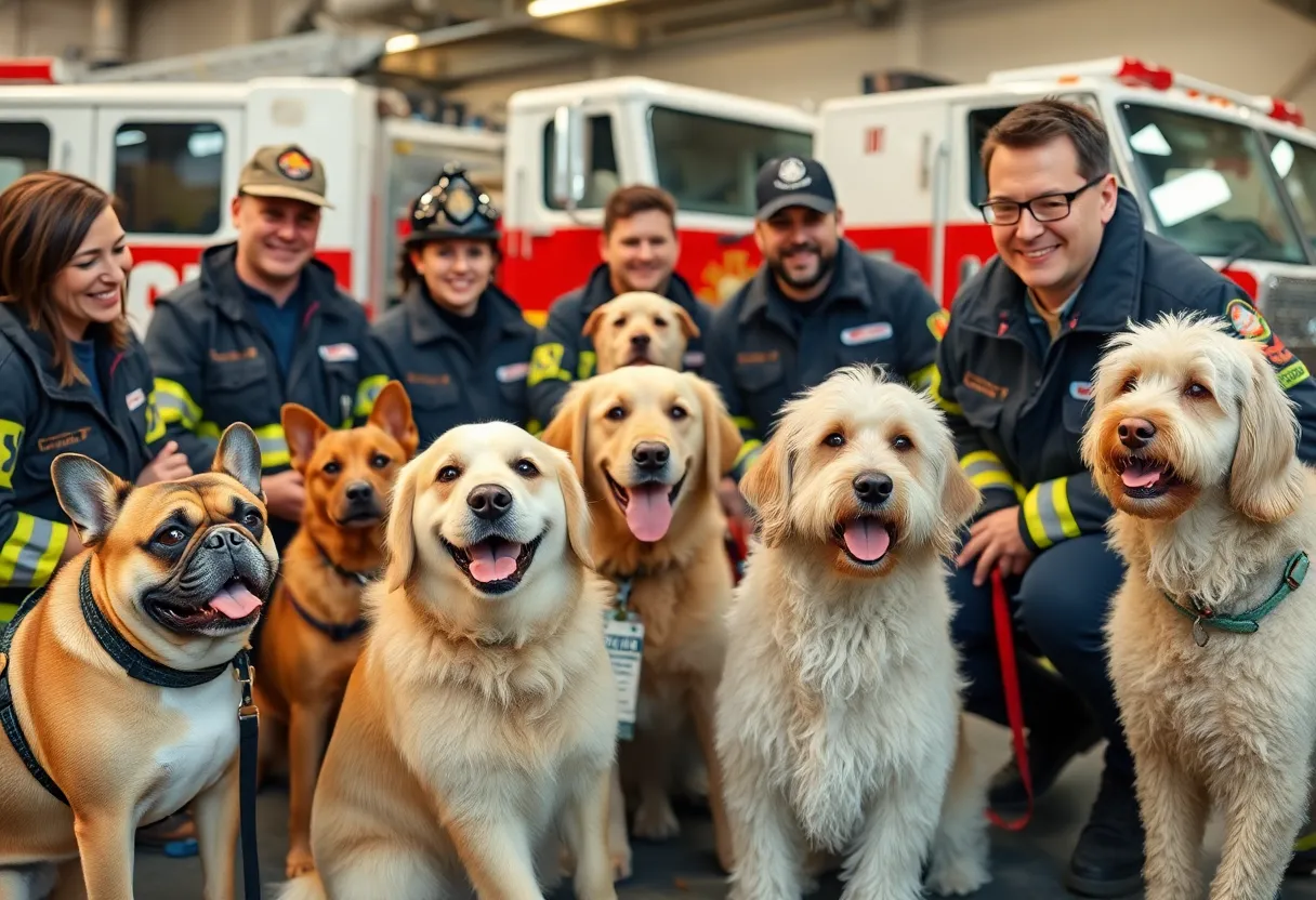 Firefighters interacting with therapy dogs in Beaufort-Port Royal