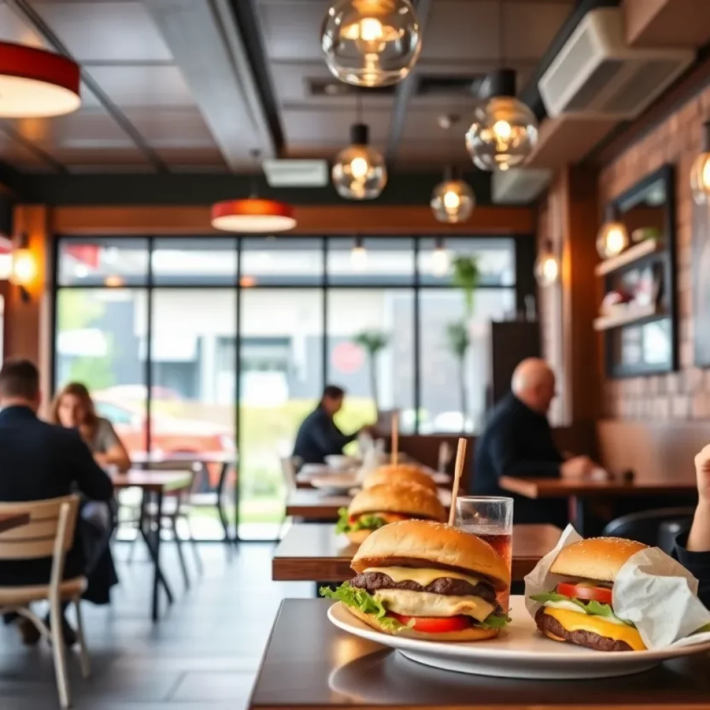 Interior view of Tin and Tallow Burgers with diners enjoying meals.