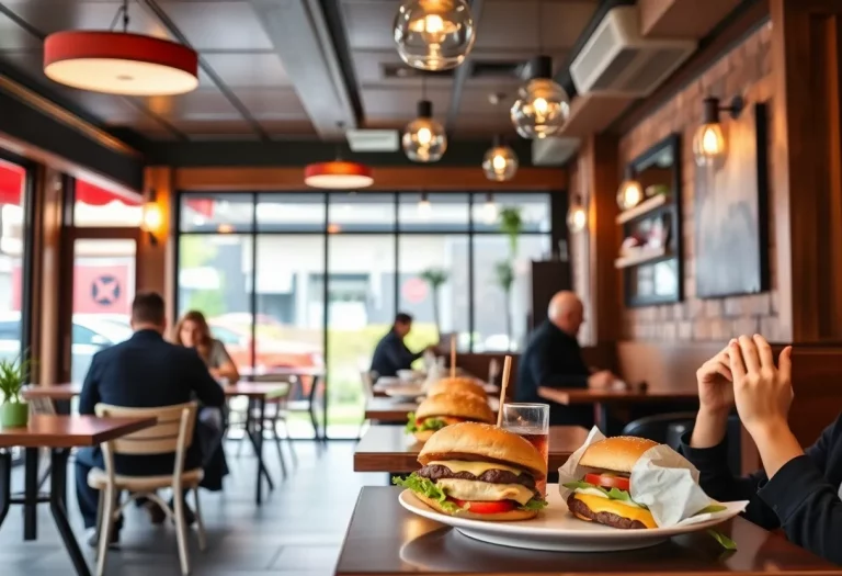 Interior view of Tin and Tallow Burgers with diners enjoying meals.