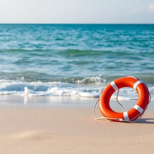 A lifebuoy on a beach representing loss and mental health awareness.