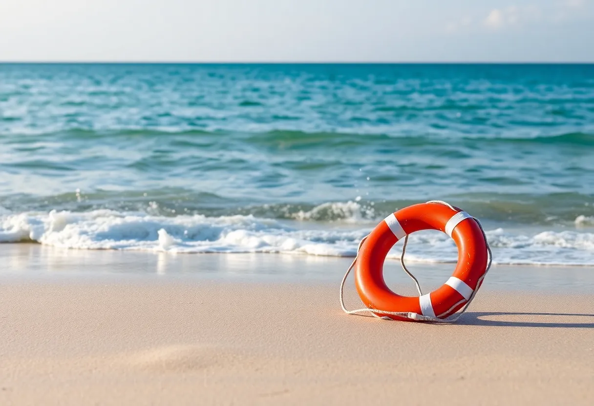 A lifebuoy on a beach representing loss and mental health awareness.