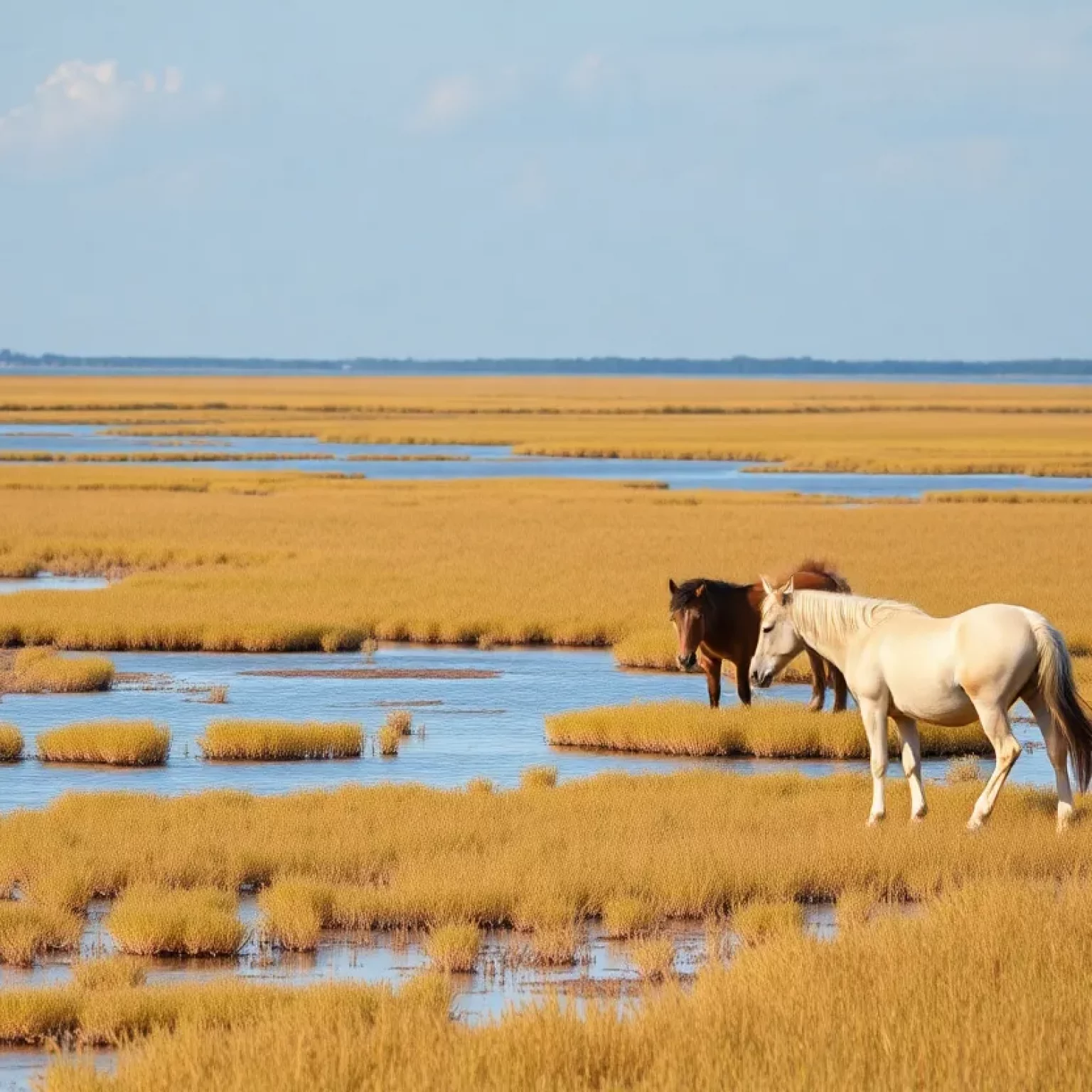 Wild marsh ponies grazing in Beaufort's scenic marshlands