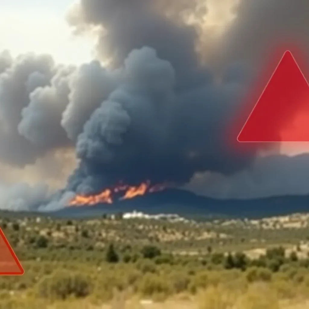 Wildfires in Los Angeles County with emergency alert symbols