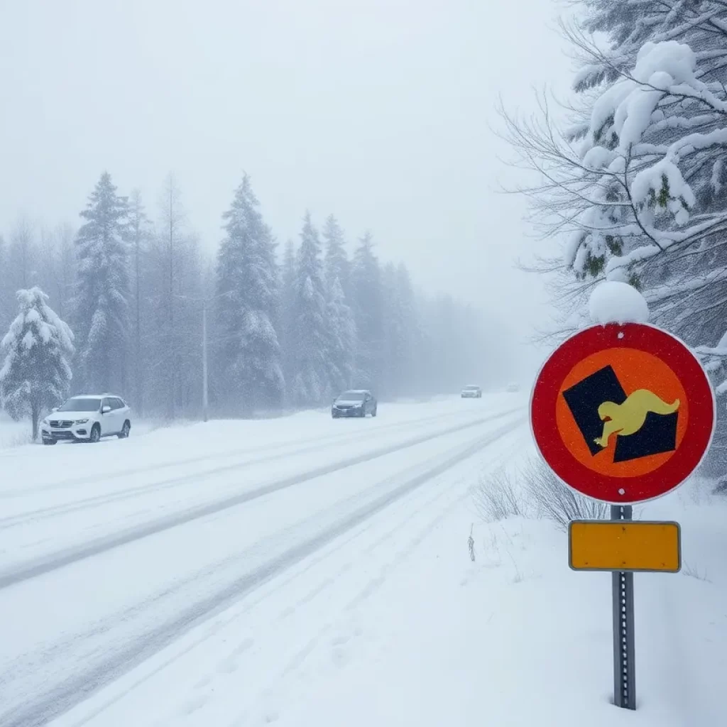 A winter storm warning sign in a snowy landscape.