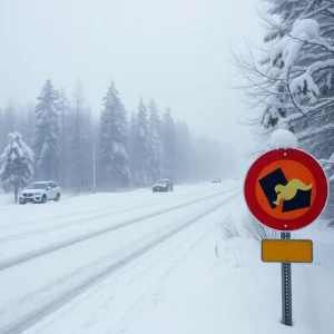 A winter storm warning sign in a snowy landscape.