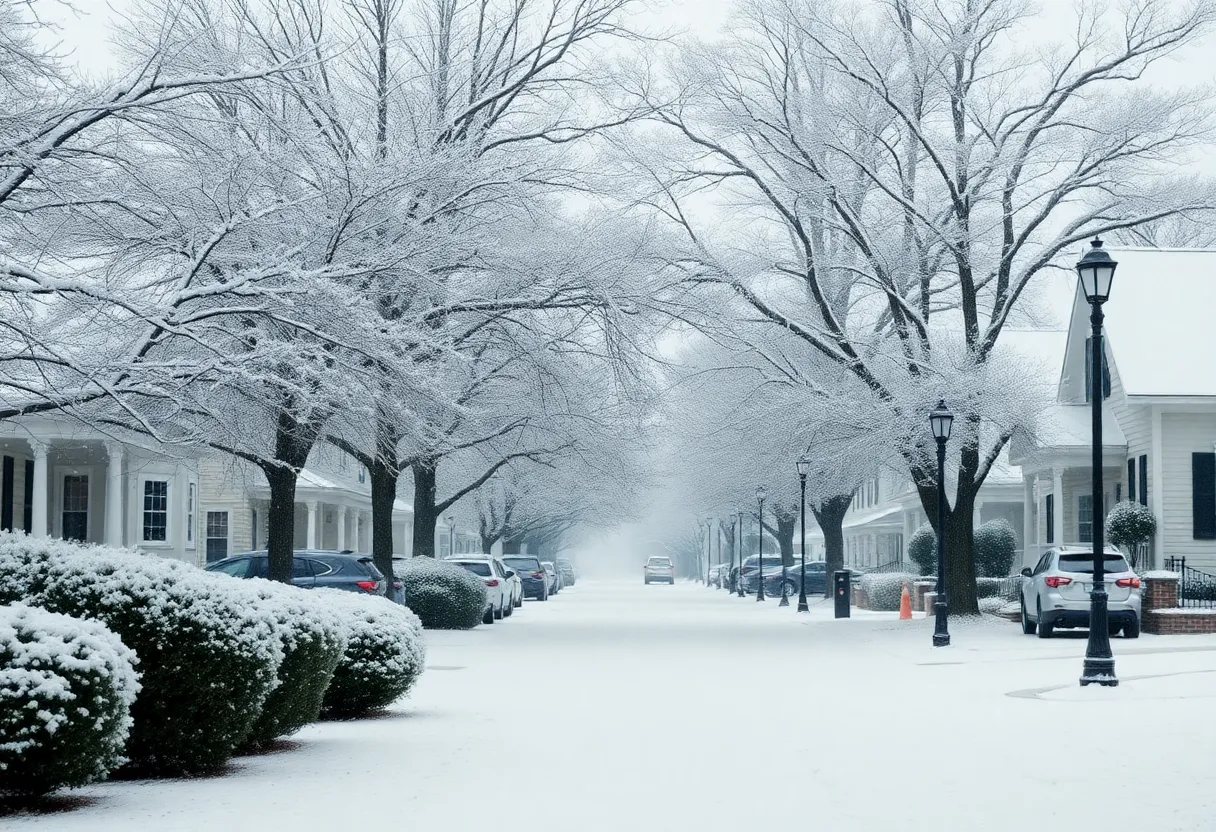 A snowy street in Beaufort SC during Winter Storm Enzo