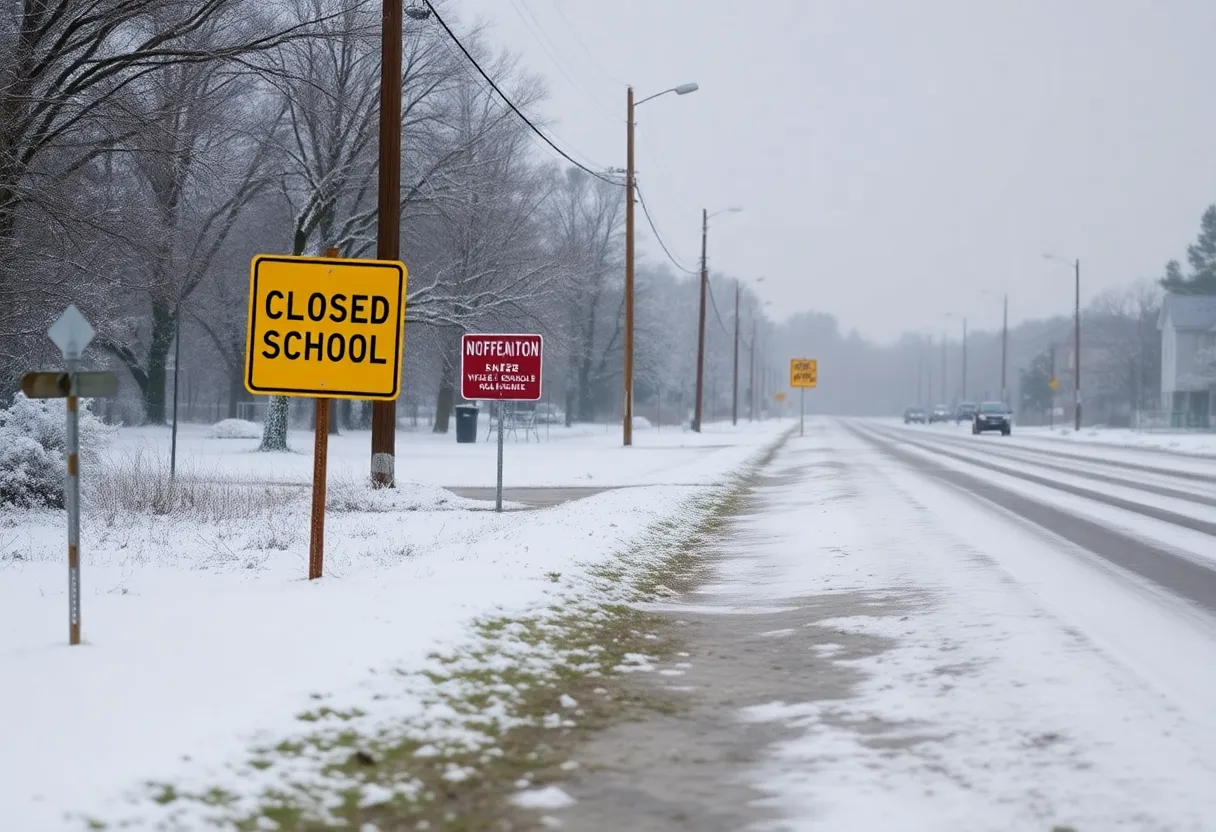 Snow-covered roads and closed school signs in the Lowcountry