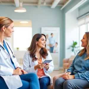 Healthcare providers in a women's health clinic discussing care options.