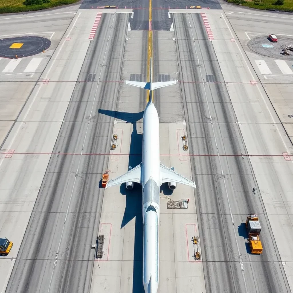 Aerial view of Beaufort Executive Airport runway undergoing maintenance.