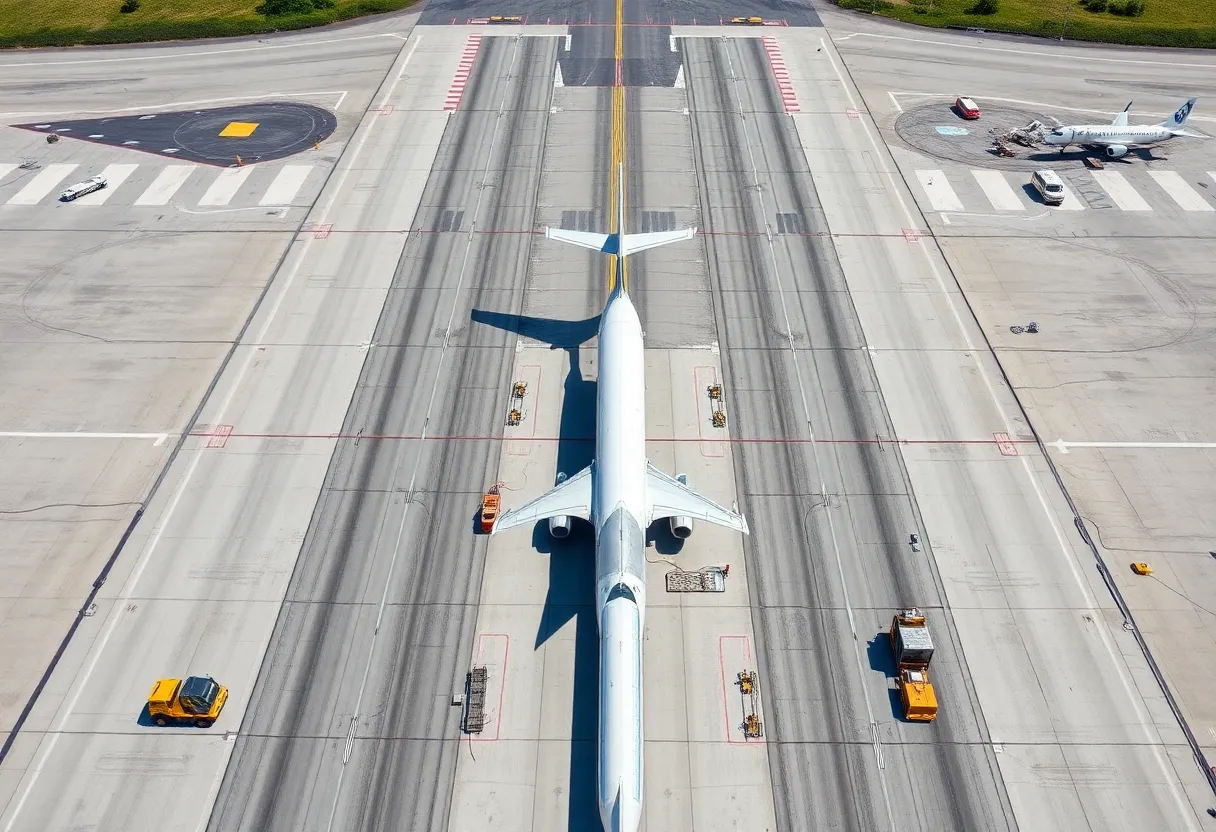 Aerial view of Beaufort Executive Airport runway undergoing maintenance.