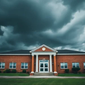 School building with stormy weather conditions