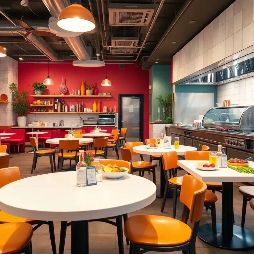 Interior view of the expanded Beaufort Kitchen with dining tables and gourmet food display