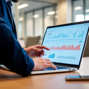 Business professional analyzing data analytics for social media marketing.
