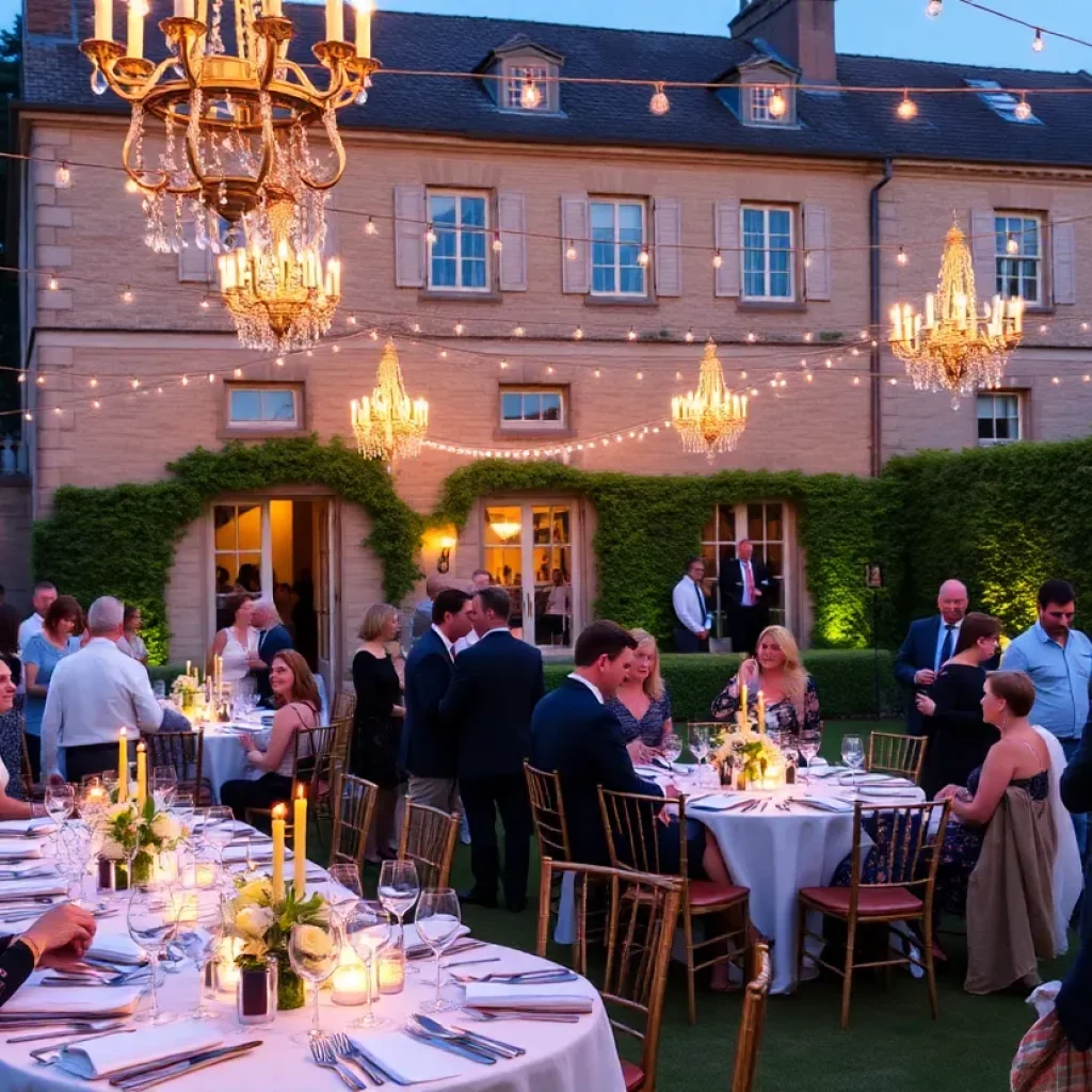 Outdoor soirée in a historic garden setting celebrating Lafayette's visit.