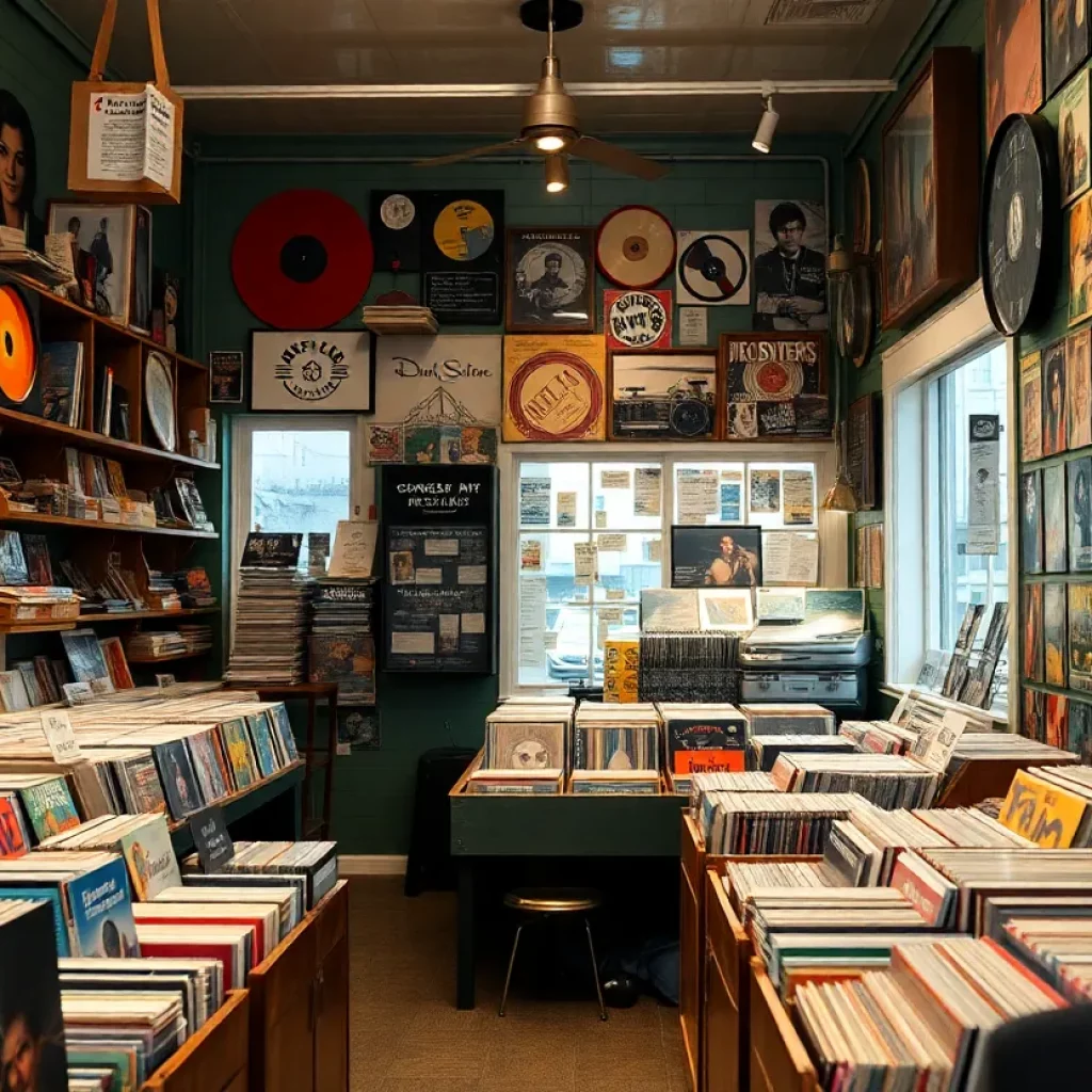 Interior of MoJo's Island Records with vinyl records on display