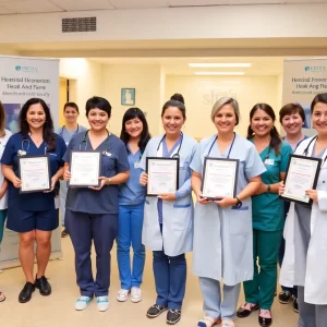 Nurses celebrating recognition at an award ceremony