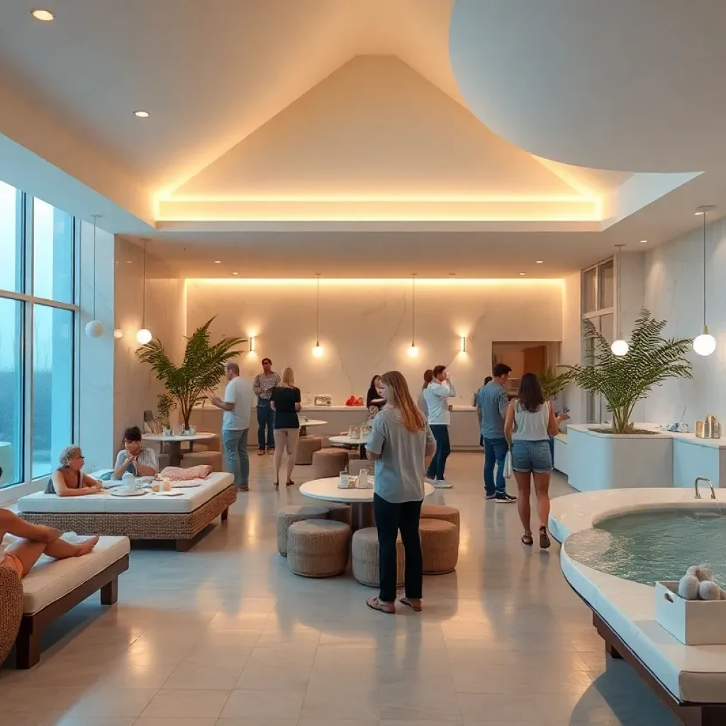 Open-concept social spa with guests relaxing and connecting