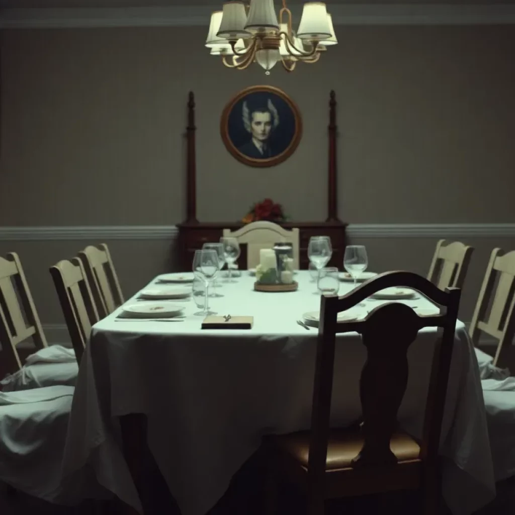 An abandoned dinner table highlighting the aftermath of tragedy
