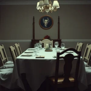 An abandoned dinner table highlighting the aftermath of tragedy
