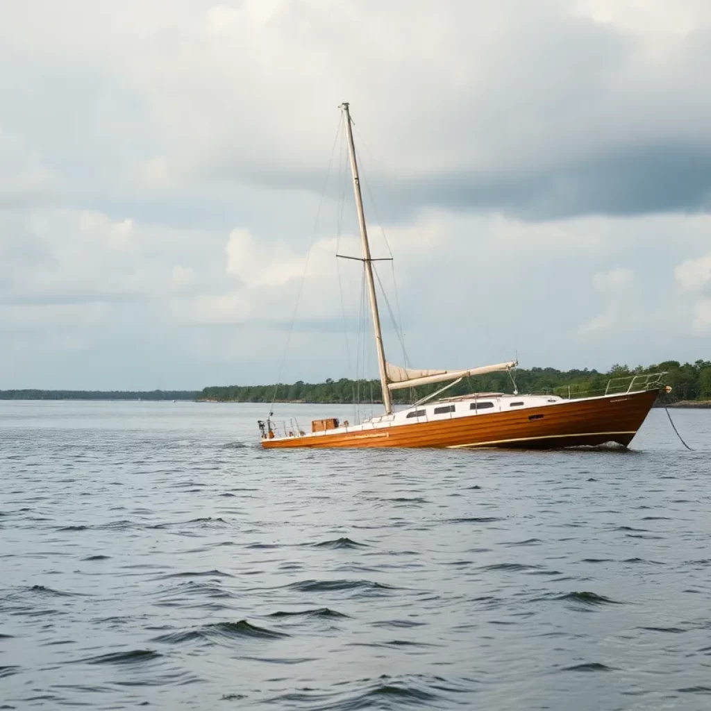 A sunken sailboat in the Beaufort River with masts visible above the water.