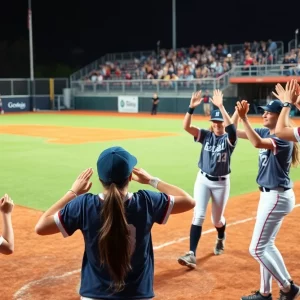 USCA Pacers softball team celebrating after a victory on a new turf field