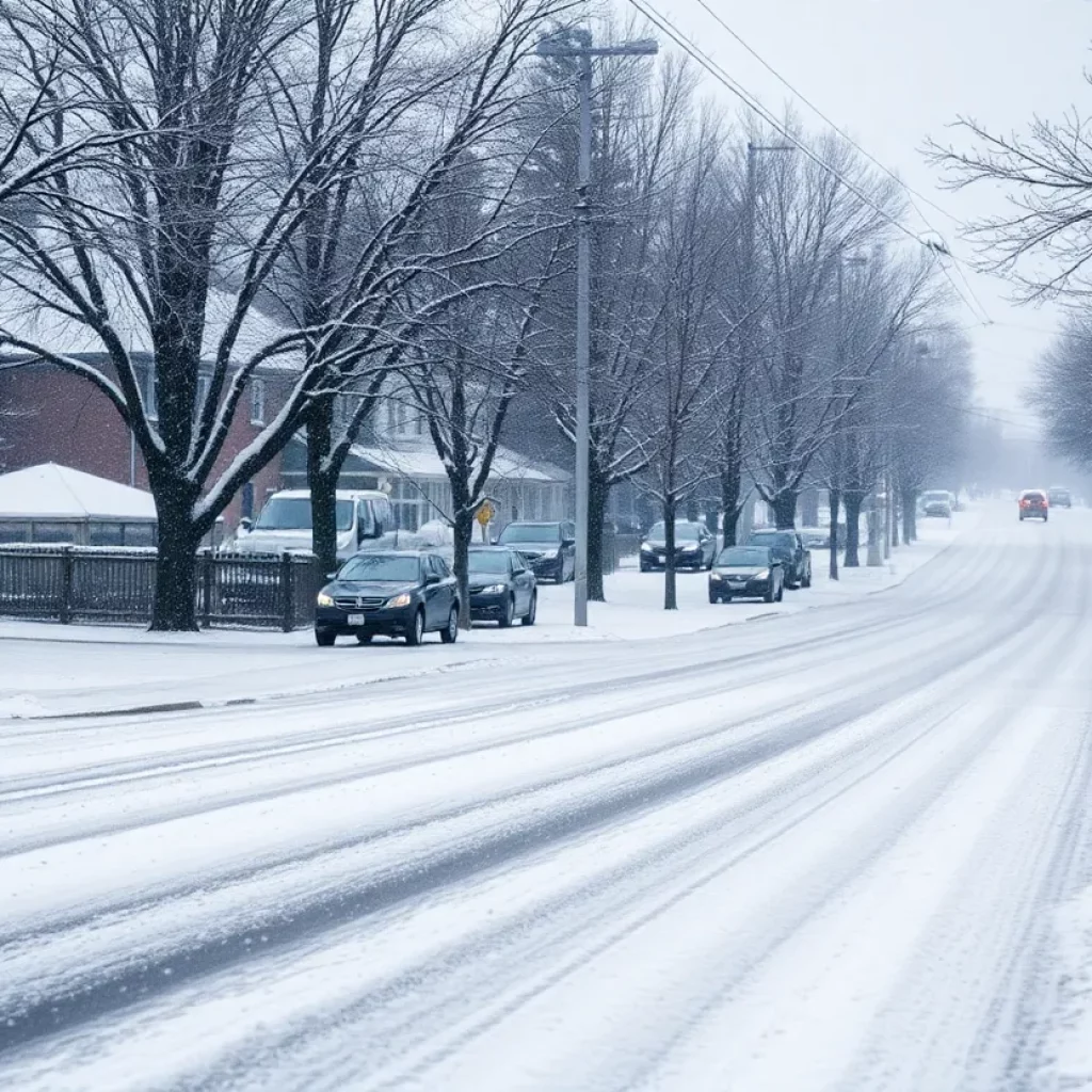 Snow-covered street in Summerville, SC during a winter storm